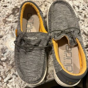 Child Gray and orange Hey Dudes size 13.